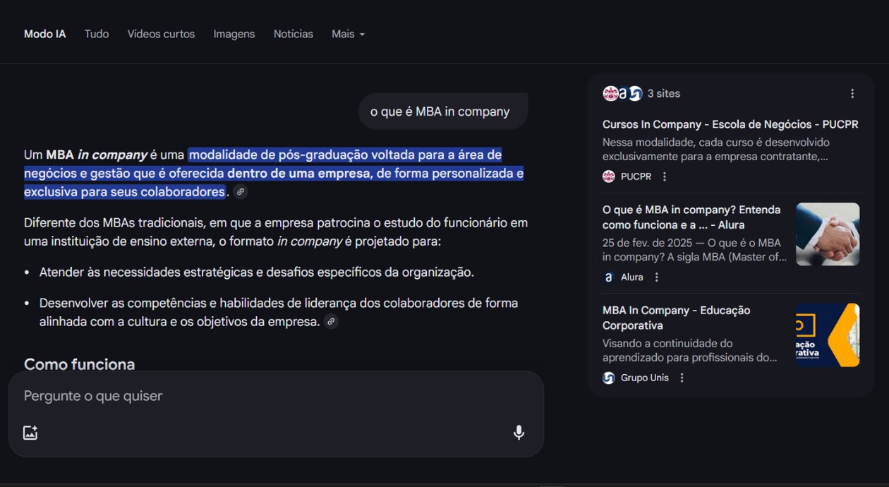 Uma captura de tela da interface do Modo IA do Google em modo escuro. A busca realizada é "o que é MBA in company", e a tela é dividida: à esquerda, a IA fornece uma definição detalhada sobre o tema, e à direita, são listados os links de resultados de pesquisa tradicionais.